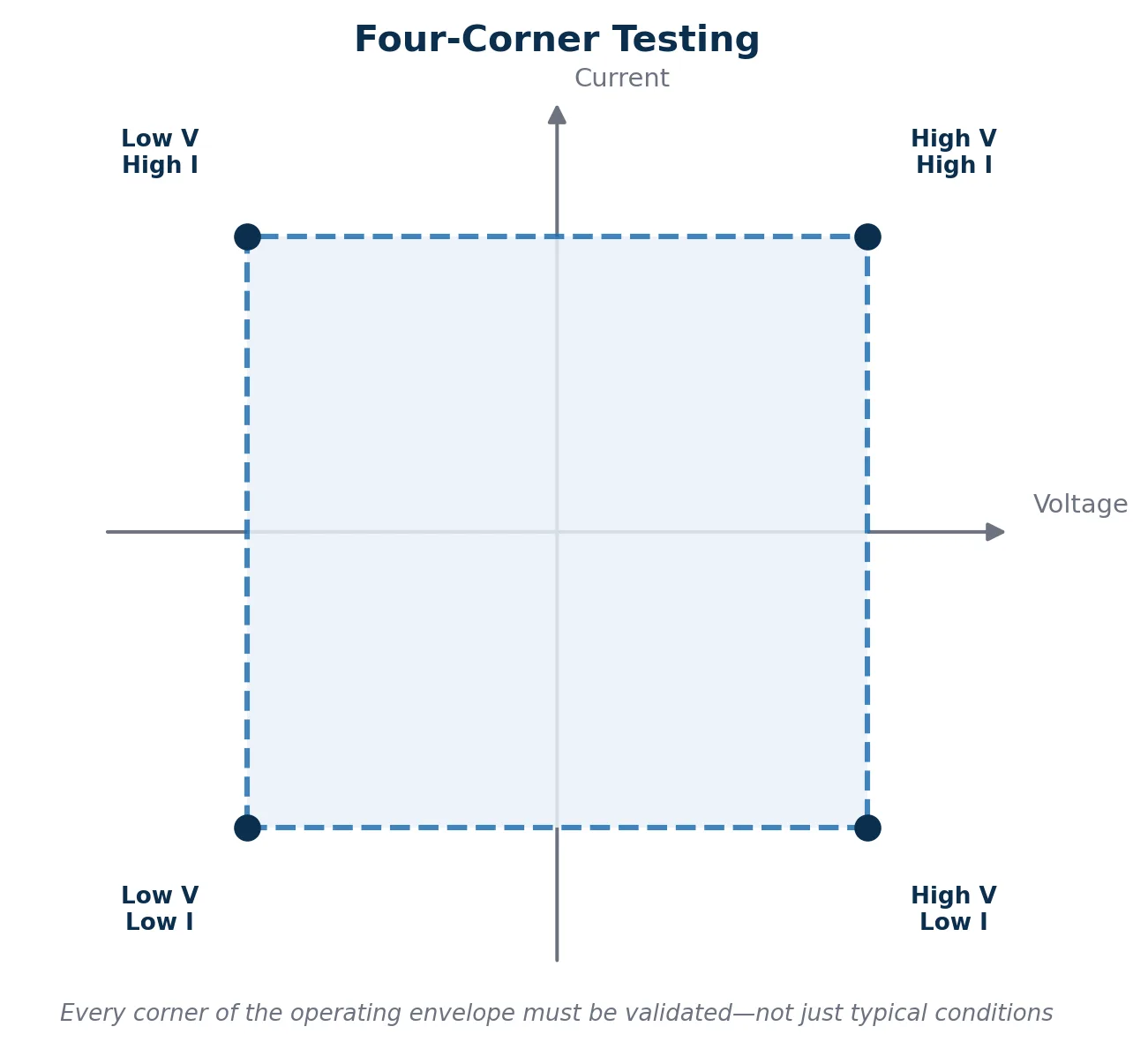 Four-corner testing validates a power device across its full high/low voltage and current operating envelope.